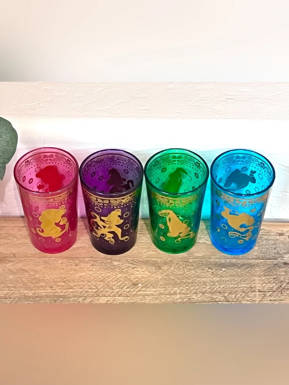 Disney Aladdin Moroccan Tea Cup Glasses Set of 4 Jewel Tones Gold Trim 8oz